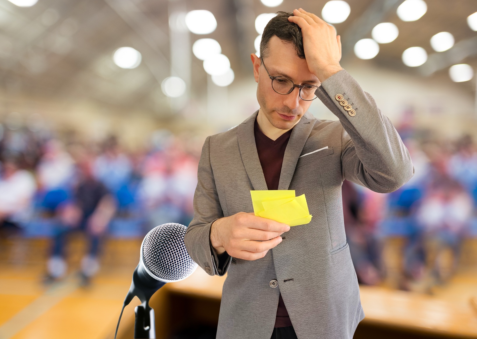 Evgenij Unker, der Gründer von Lektorat Unker, steht vor Publikum und guckt verdutzt in seine viel zu klein geratenen Notizzettel.